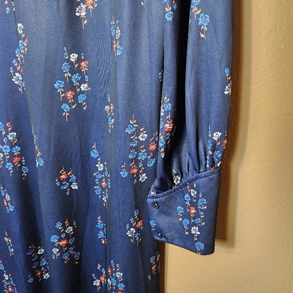 Vintage 70s Elongated Peter Pan Collar Navy Floral Long Sleeve Maxi Boho Dress-S - Picture 7 of 11